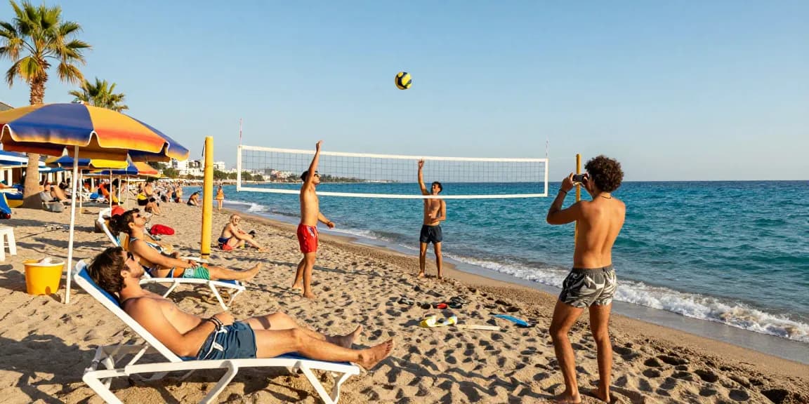 Antalya weather in May showcasing friends enjoying a sunny beach day with turquoise waters and palm trees.