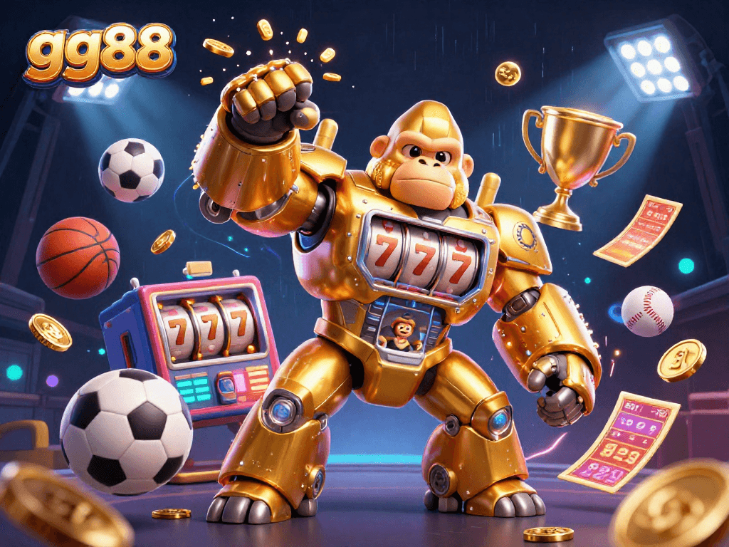 Experience thrilling gaming action with gg88 in a vibrant, dynamic 3D scene featuring a golden gorilla mech.