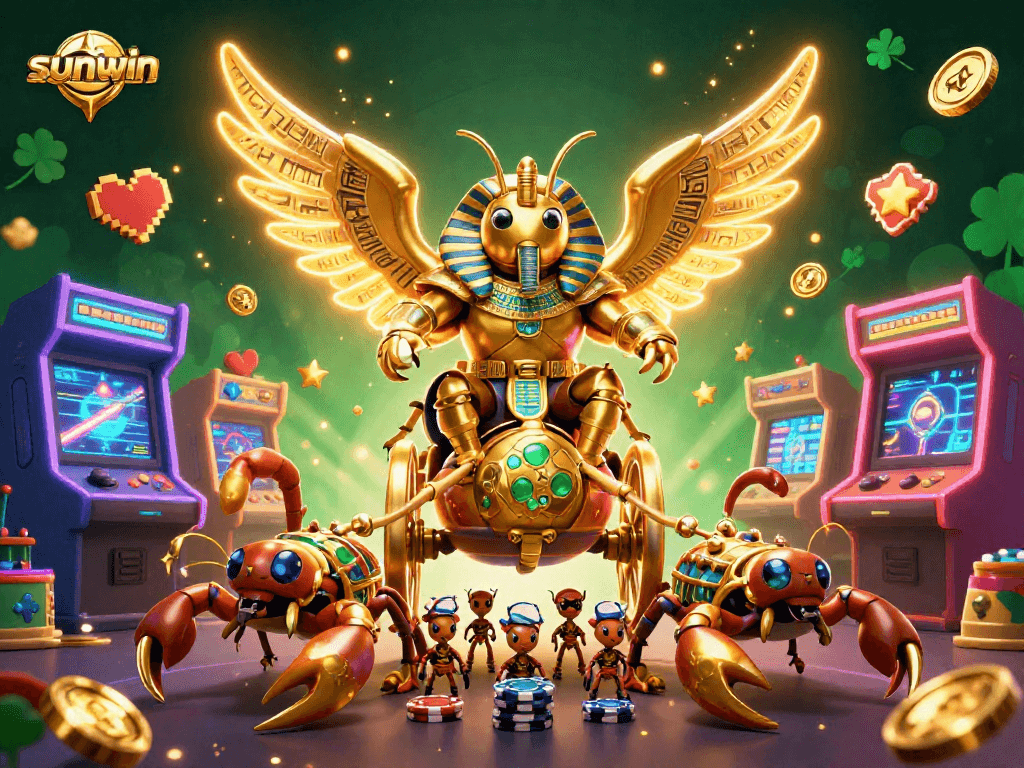 Engage in thrilling victories at Sunwin with a dazzling 3D illustration of a golden scarab and gaming elements.