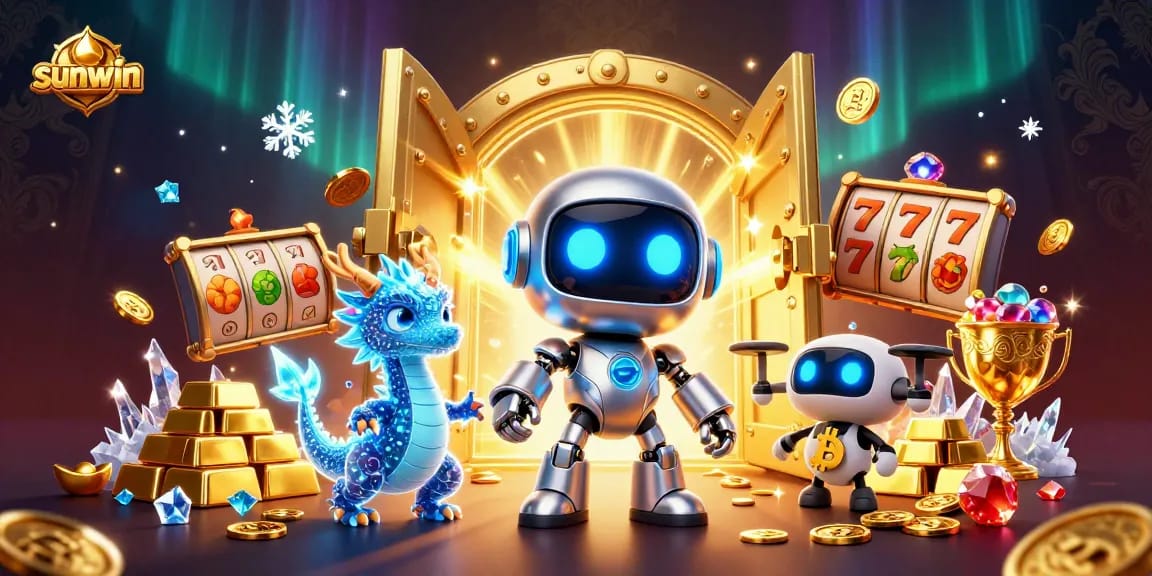 Spin & Win with sunwin's mesmerizing 3D illustration featuring robots, treasures, and vibrant slots.