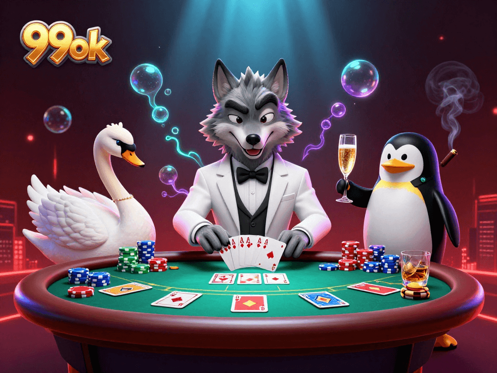 Experience thrilling gameplay with 99ok in a vibrant casino scene featuring a debonair wolf and swan dealing cards.