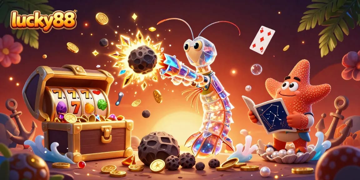 Experience the excitement of lucky88 with a galactic samurai mantis shrimp amidst dazzling gems and slot reels.