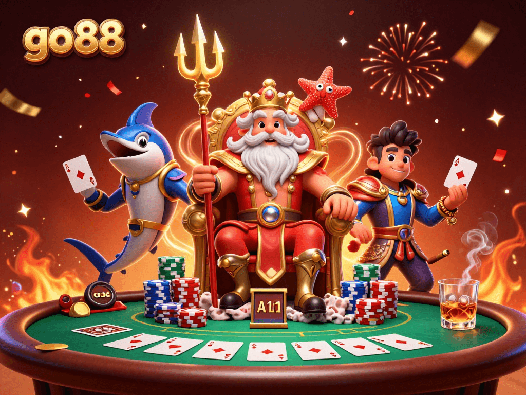 Engage in thrilling gameplay at go 88 with Neptune and friends at a vibrant casino table.