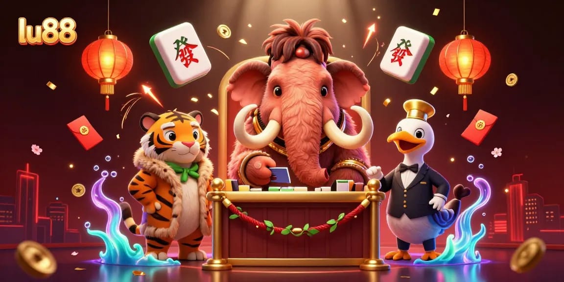 Experience excitement at lu88, where a woolly mammoth bouncer greets stylish guests in a vibrant casino scene.