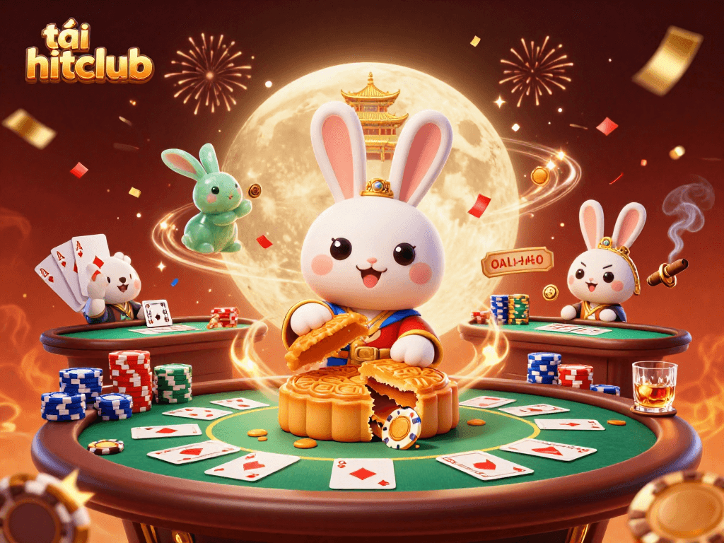 Engage in thrilling gameplay with tải hitclub's moonlit casino scene featuring poker chips and cards.