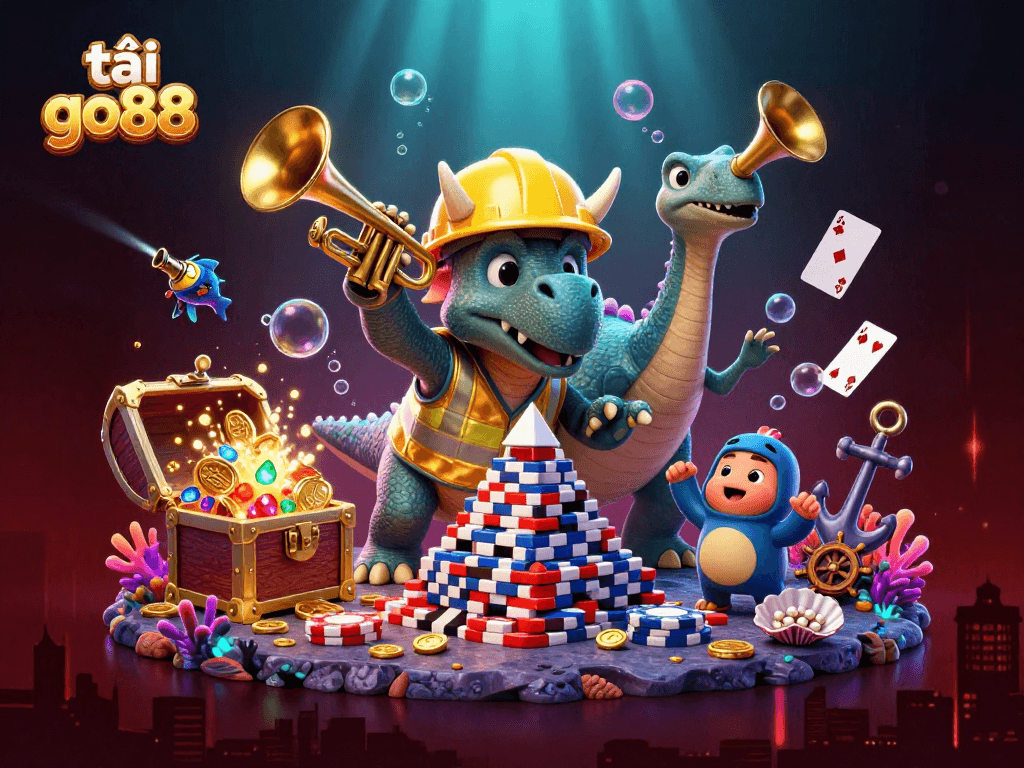 Boost your gaming with tải go88 featuring a lively underwater casino scene including a triceratops and treasure chests.