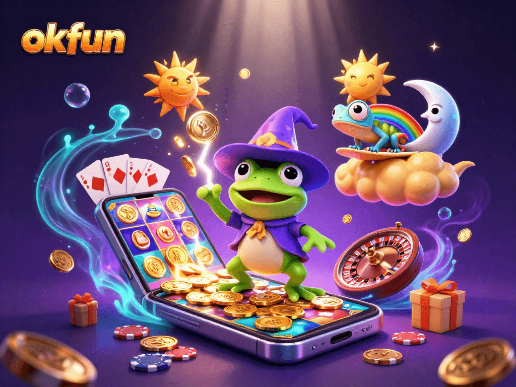 Experience thrilling gameplay at okfun with vibrant 3D characters, golden coins, and dynamic casino graphics.