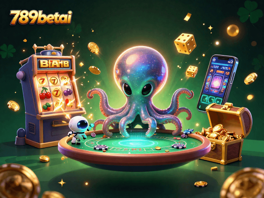 Experience thrilling gameplay at 789betai with a futuristic alien octopus at a poker table surrounded by jackpot symbols.
