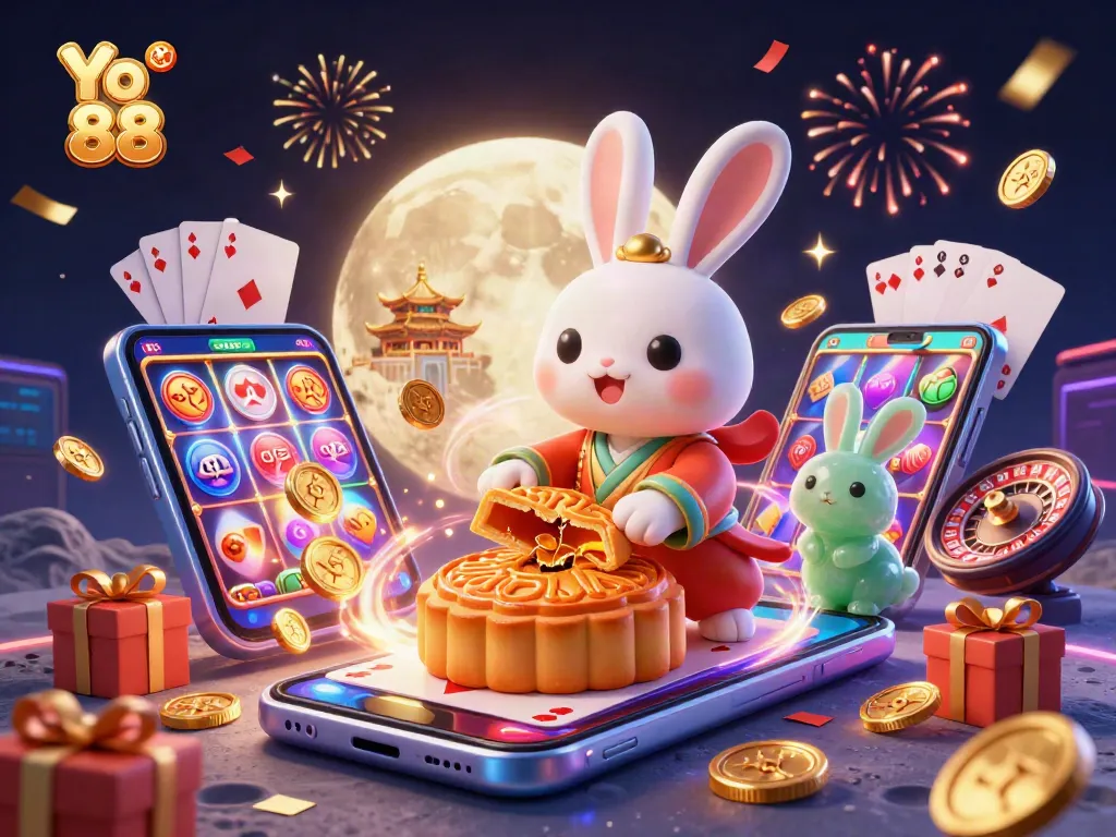 Engage with Yo 88 while a moon rabbit reveals poker chips in a vibrant digital casino?
