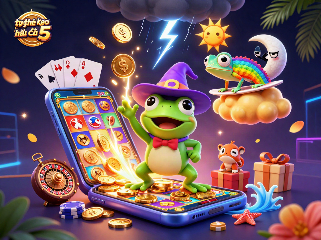 Experience thrilling tỷ lệ kèo nhà cái 5 with vibrant casino action and gold coins flowing.