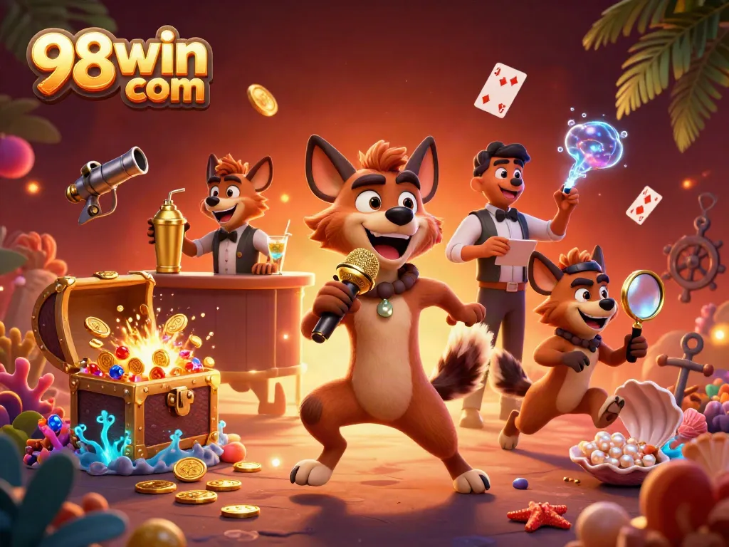 Experience the fun at 98win com with hyenas in a casino setting mixing drinks, telling jokes, and checking IDs.