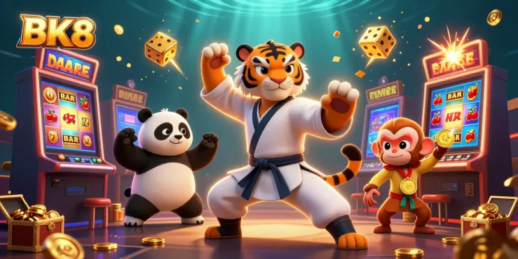 Experience the thrilling BK8 casino adventures with a kung fu tiger, panda disciple, and golden treasures.