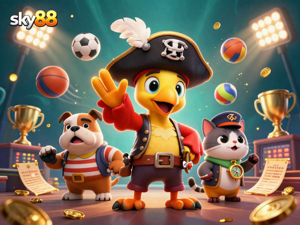 Experience thrilling sports action at sky88 with cartoon pirates and vibrant game elements.