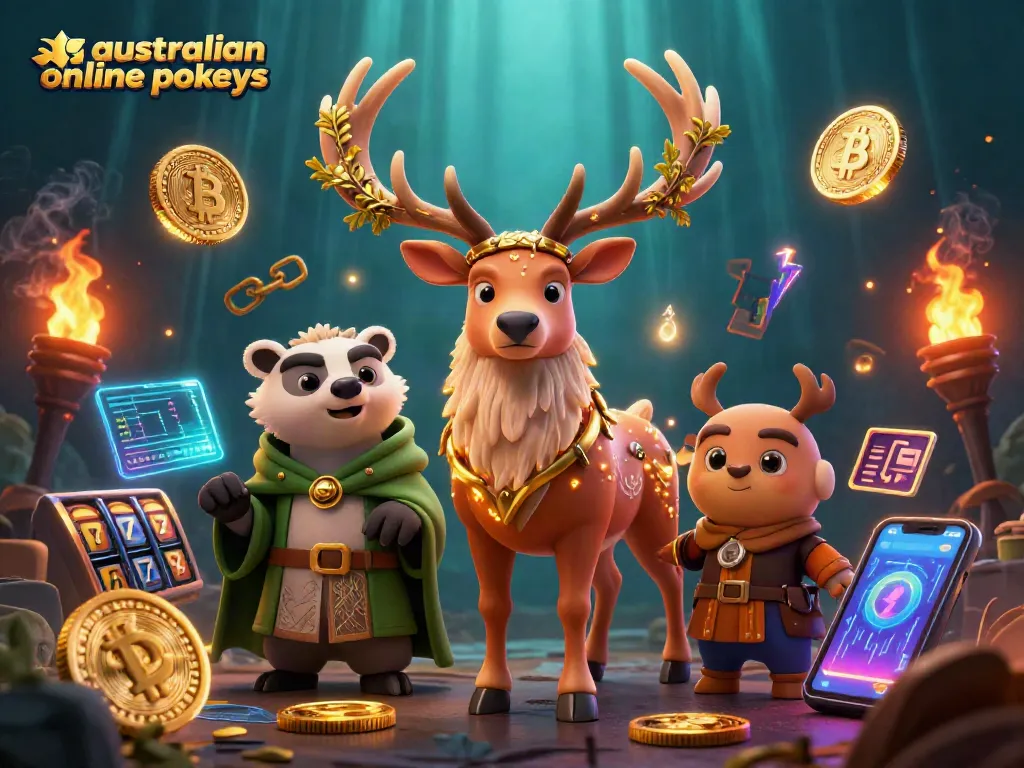 Engage with australian online pokies in a rich, animated casino scene featuring vibrant characters and crypto elements.