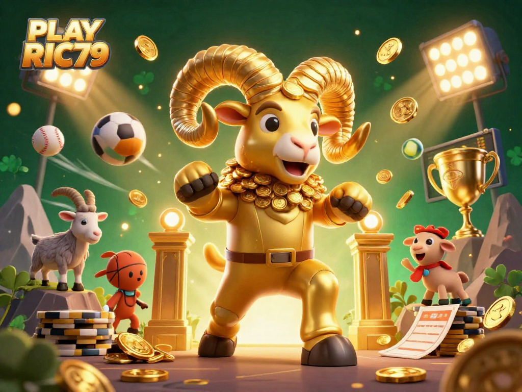 Engage in thrilling adventures with PLAY RIC79 as the golden ram charges into victory, amidst dynamic sports elements.