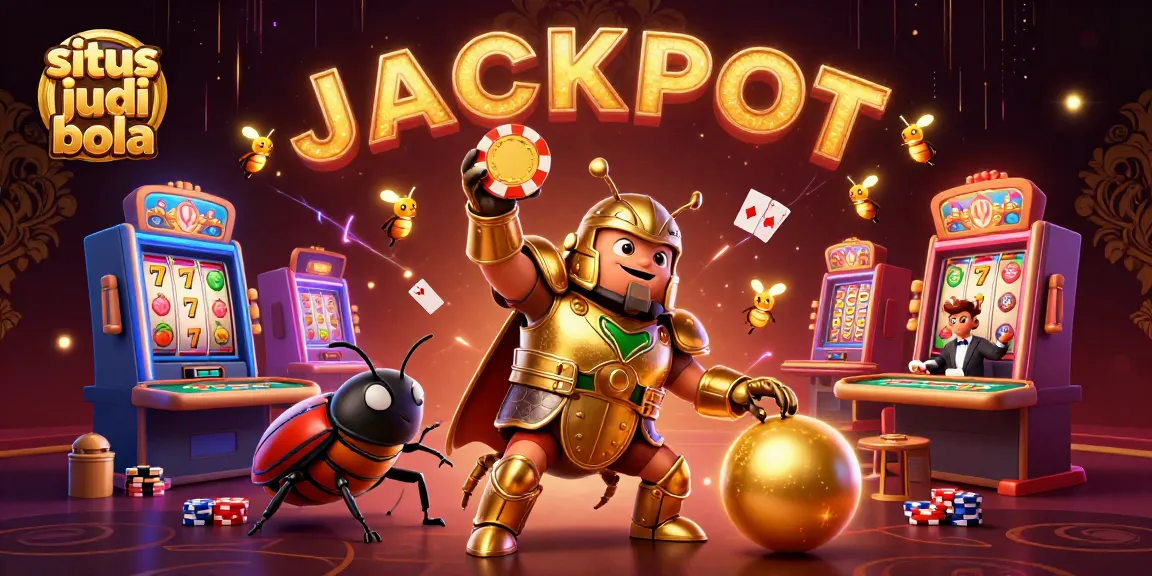 Engage with situs judi bola as the victorious beetle lifts a poker chip, surrounded by casino excitement.