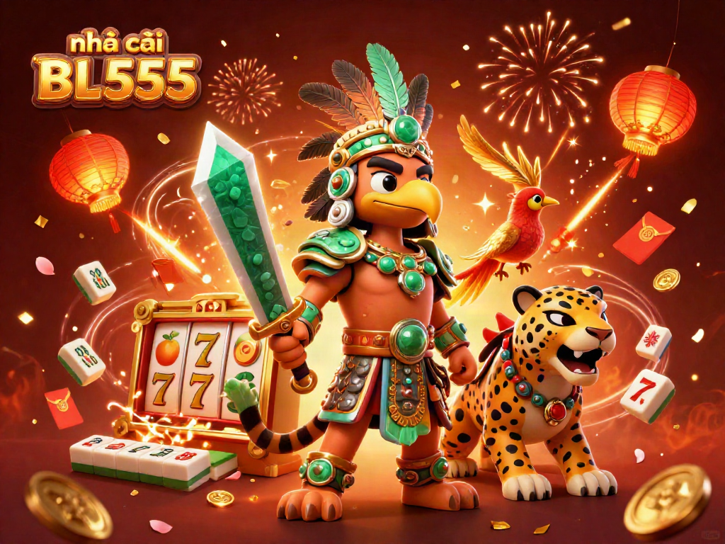 Immerse in the exciting world of nhà cái BL555, showcasing vibrant characters and festive gaming elements.