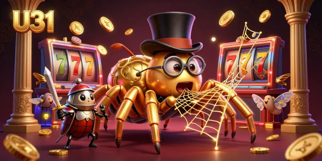 Engage with U31 by spinning the reels of vibrant slots adorned with golden coins in a lively casino atmosphere.