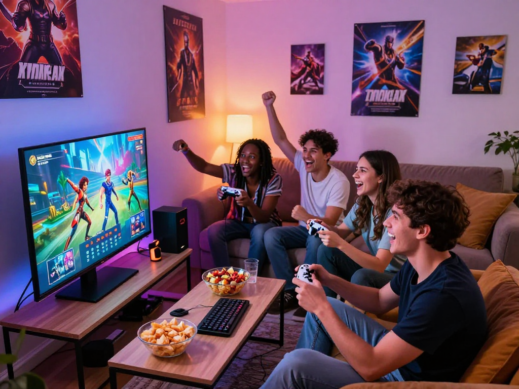 Group of friends enjoying porno games in a vibrant gaming room setting