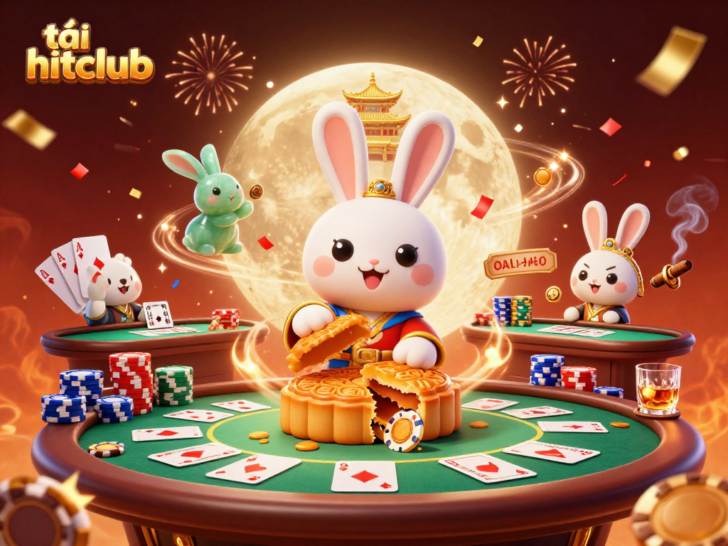 Engage in thrilling gameplay with tải hitclub's moonlit casino scene featuring poker chips and cards.