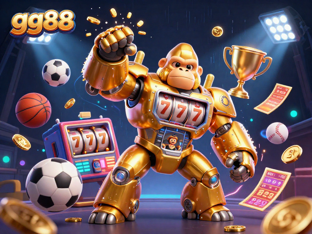 Experience thrilling gaming action with gg88 in a vibrant, dynamic 3D scene featuring a golden gorilla mech.