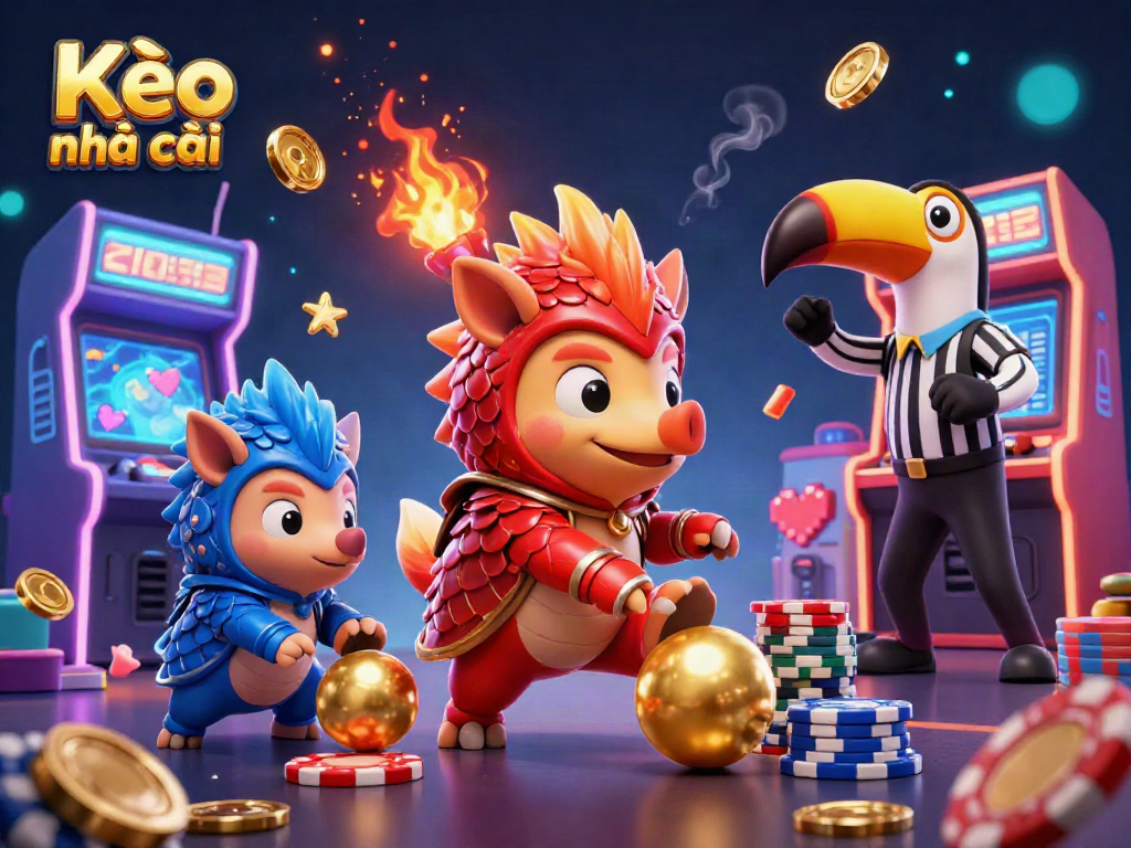 Kèo nhà cái highlights two rival pangolins rolling golden balls and bowling chips in a vibrant casino scene.