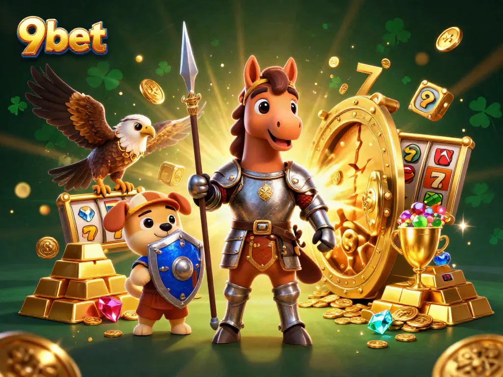 Experience big wins with 9bet's vibrant 3D casino scene featuring knights and treasures.