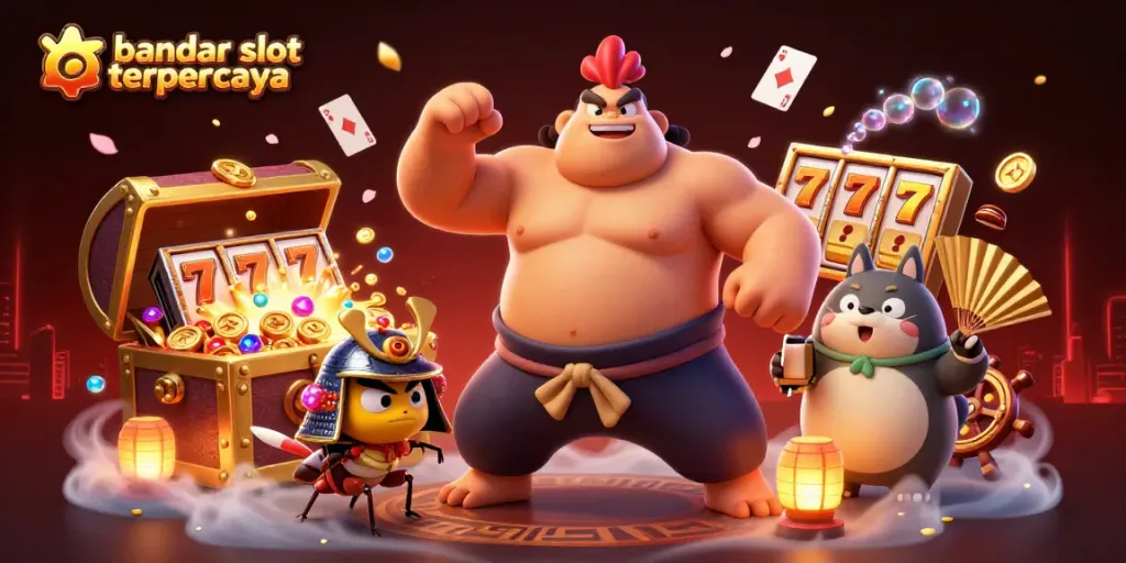 Engage in the excitement of bandar slot terpercaya with a powerful sumo wrestler rooster and dynamic casino elements.
