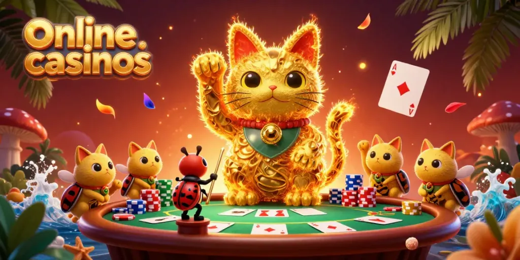 Engage in vibrant casino fun with online casinos featuring a lucky cat crafted from fireflies amidst poker elements.