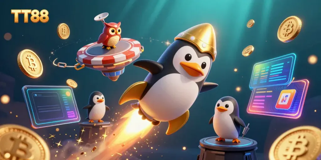 Experience captivating gaming adventures at TT88 with a golden penguin blasting toward a poker chip casino.