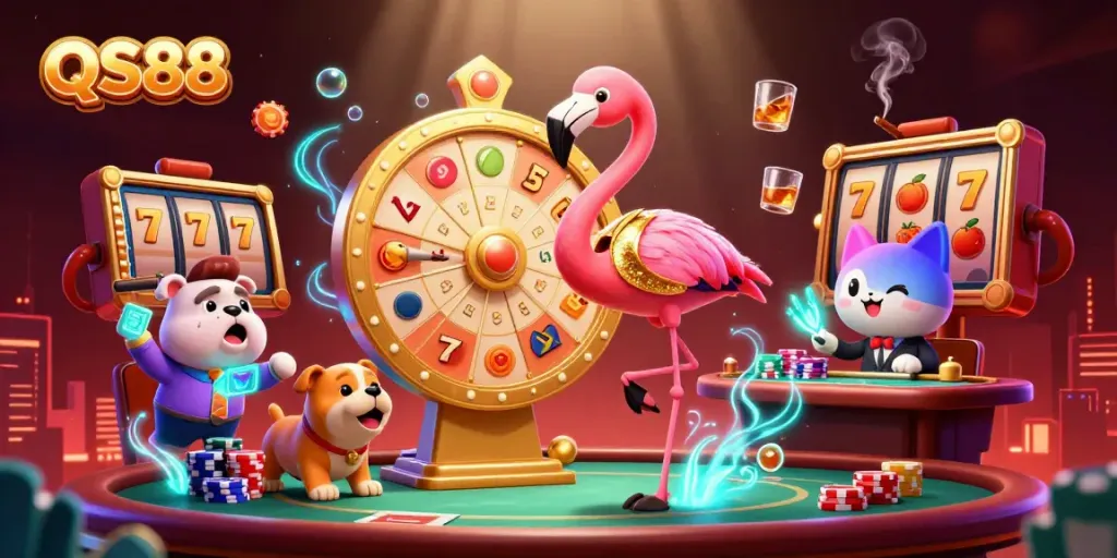 Experience the excitement at QS88 with colorful slot reels and animated characters in a vibrant casino scene.