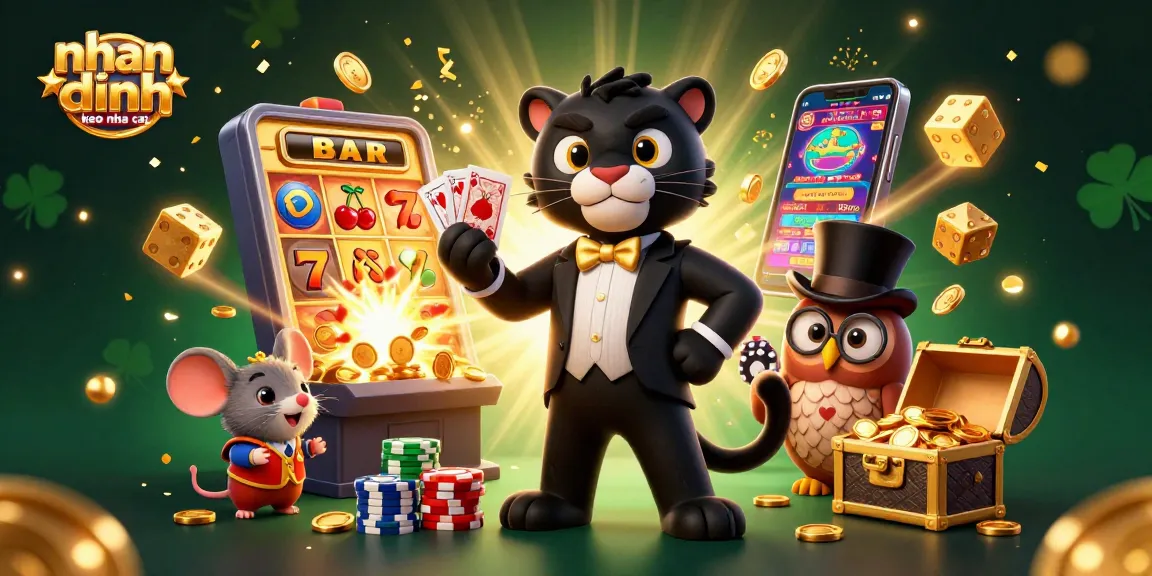 Engaging scene showcasing nhan dinh keo nha cai with a stylish black panther, owl, and lucky mouse amidst vibrant casino elements.
