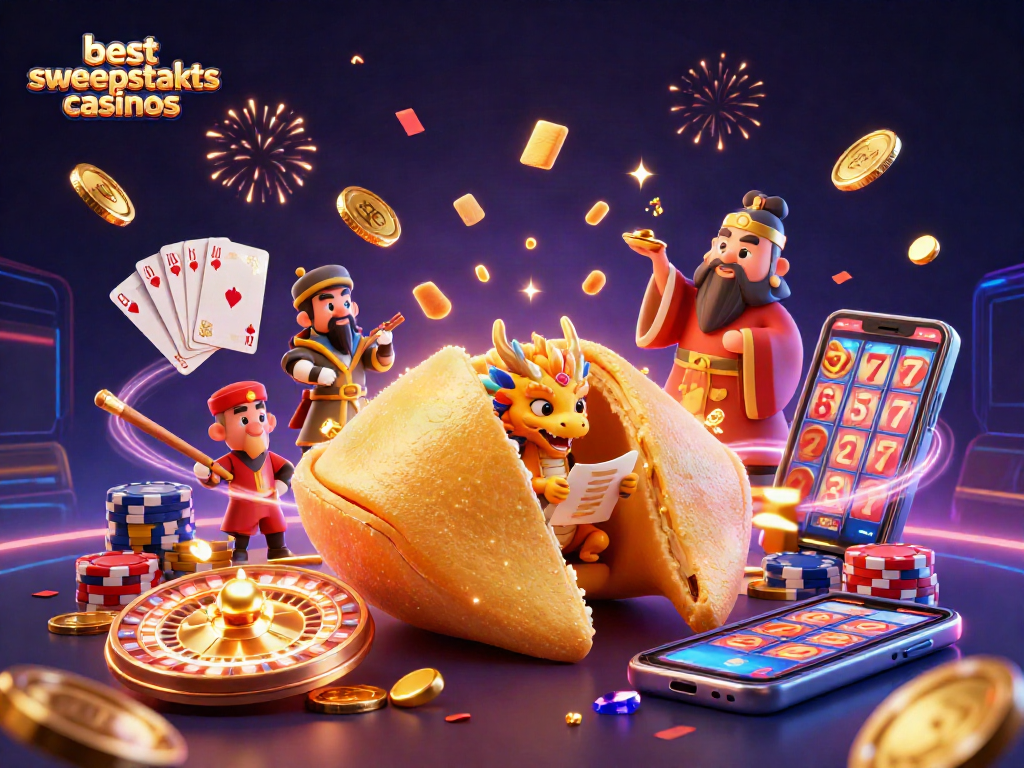 Experience excitement at the best sweepstakes casinos with a vibrant 3D illustration featuring lucky characters and casino elements.