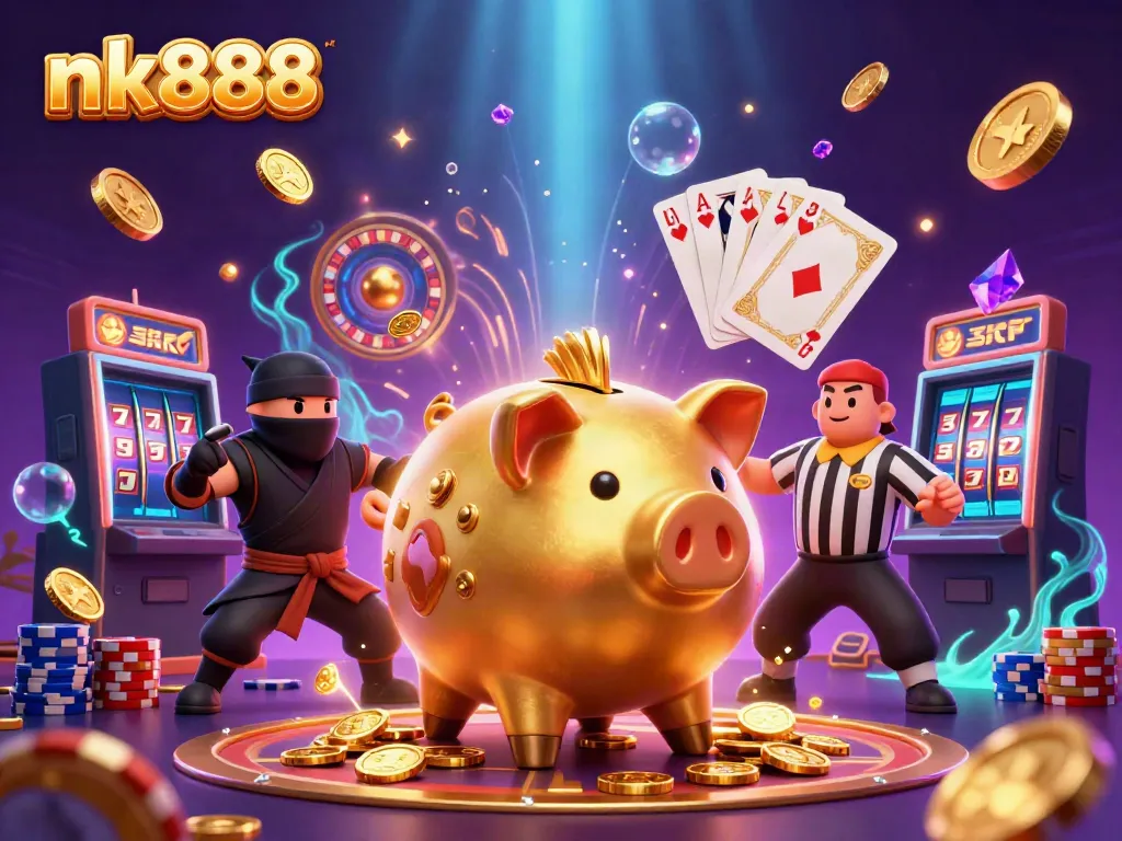 Win big with nk888 in this vibrant casino scene featuring action-packed cartoon characters.