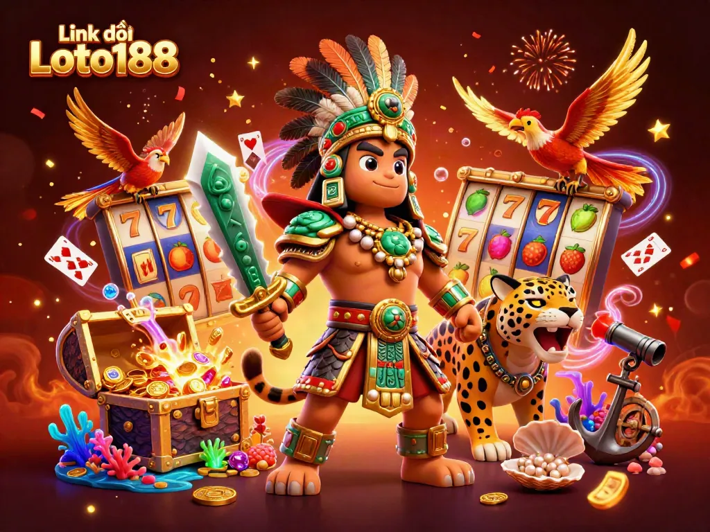 Experience the excitement with Link vào Loto188 - a vibrant casino scene featuring an Aztec warrior, treasure, and slot motifs.