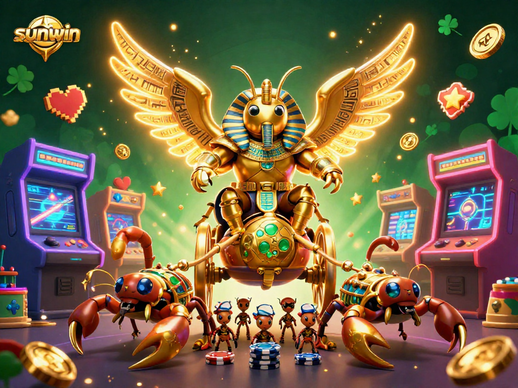 Engage in thrilling victories at Sunwin with a dazzling 3D illustration of a golden scarab and gaming elements.