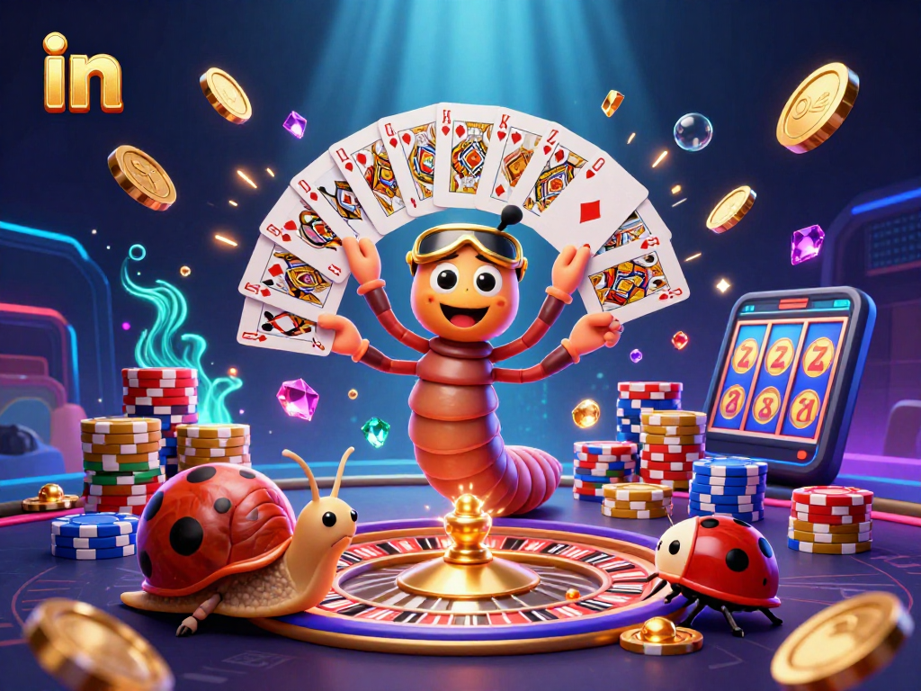 Engage in thrilling casino action with the high-energy scene featuring a cartoon millipede dealer and vibrant game elements in a rich 3D illustration.