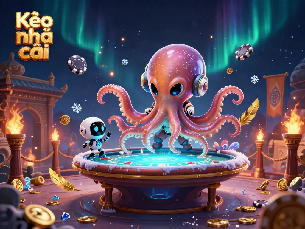 Engage with Kèo nhà cái's immersive betting scene featuring an alien octopus at a holographic poker table.