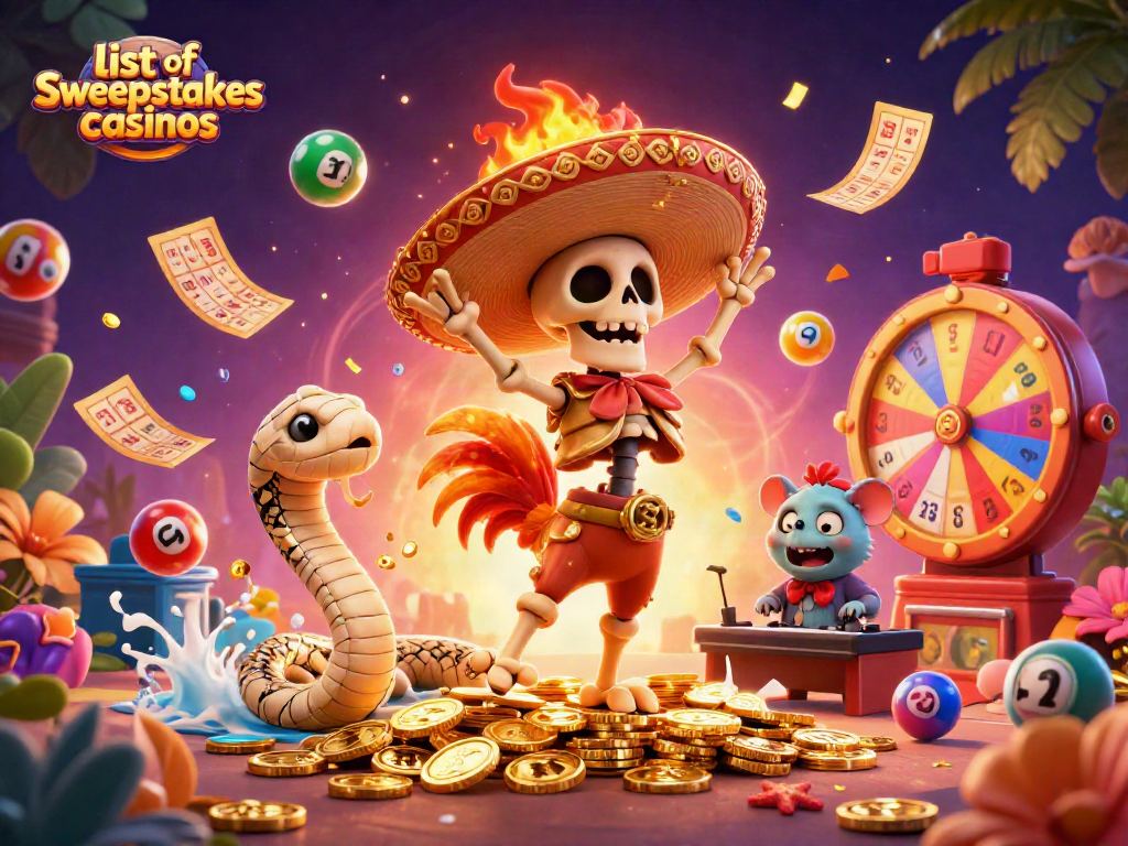 Engage with the list of sweepstakes casinos featuring dynamic characters celebrating on golden coins.