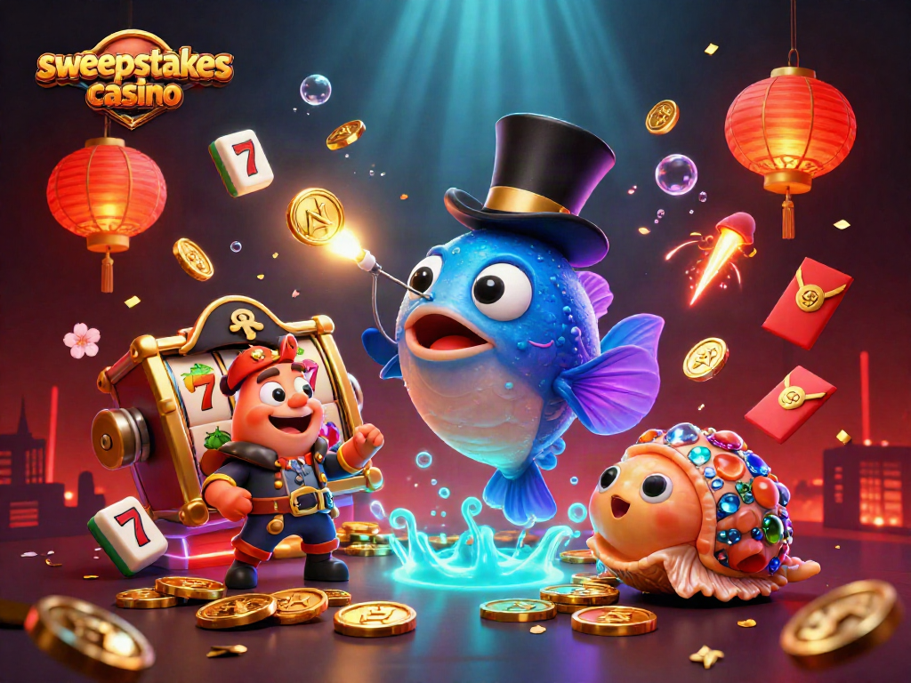 Play and win at a sweepstakes casino with an anglerfish attracting golden coins in a vibrant scene.