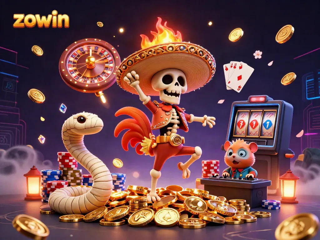 Zowin brings an exciting gaming experience with characters celebrating on golden coins and vibrant casino elements.