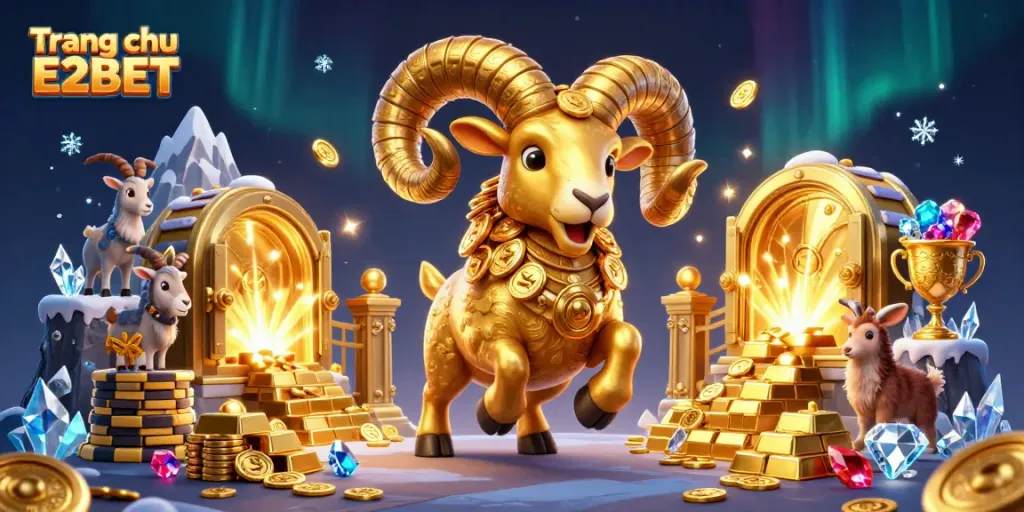 Experience thrills at Trang chu E2BET with a golden ram charging through a treasure vault bursting with riches.