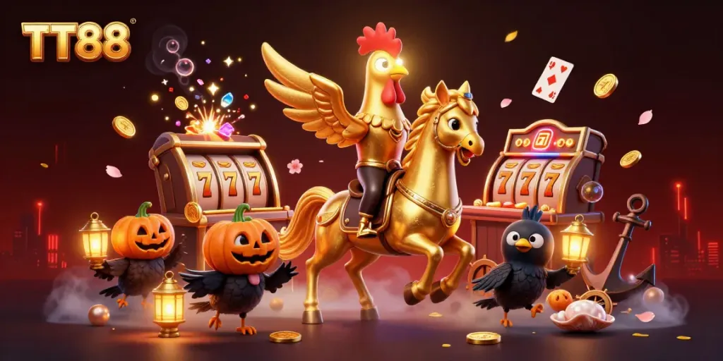 Experience thrilling casino adventures with TT88's captivating gaming environment featuring a golden rooster and vibrant elements.
