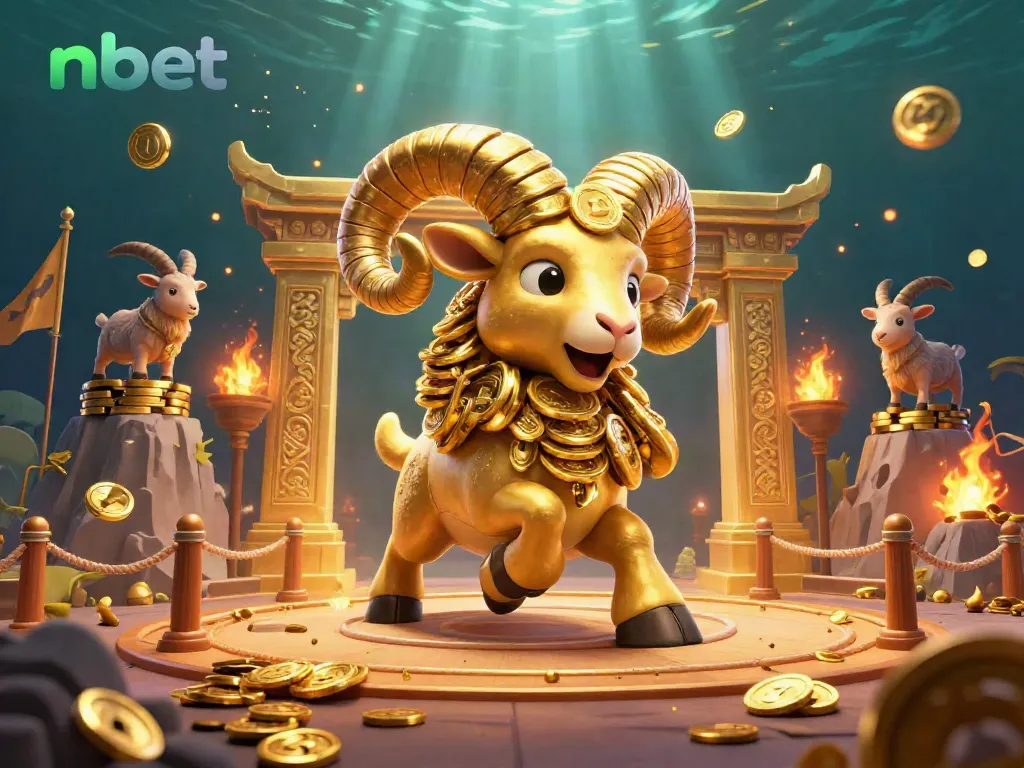Engaging scene of the nbet brand with a golden ram charging through a dynamic casino-themed arena.