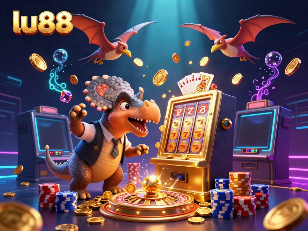 LU88's pachycephalosaurus celebrates a jackpot, amid flying coins and an ankylosaur manager in a bustling casino.