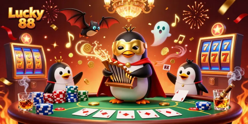 Engage with Lucky 88 as cartoon characters bring casino action to life in a vibrant scene filled with games.