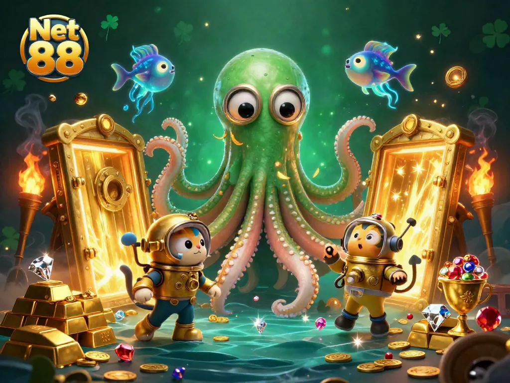 Play thrilling games at Net 88 with 3D fantasy creatures and treasures in a vibrant casino scene.