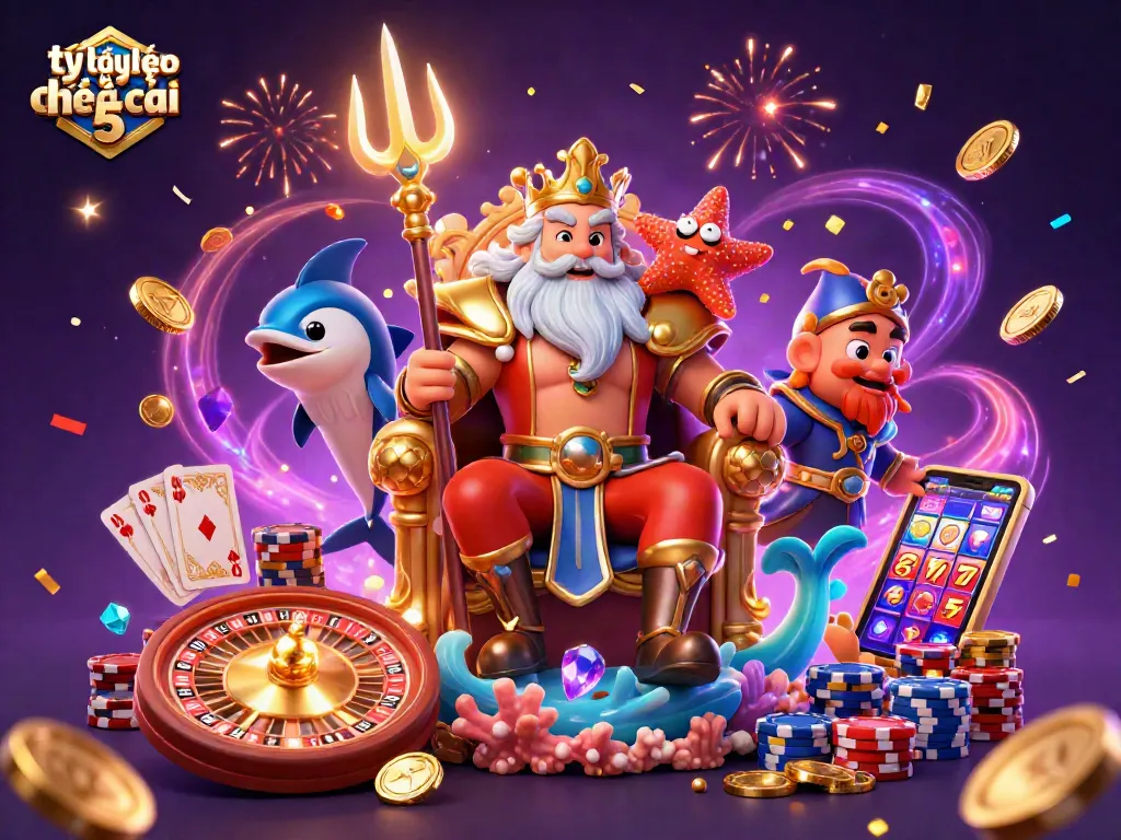 Engage with tỷ lệ kèo nhà cái 5 while exploring a 3D casino scene featuring Neptune and treasures.