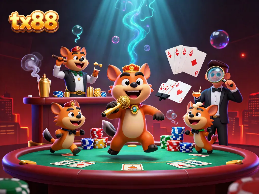 Enjoy a vibrant tx88 arcade scene with animated hyenas in a casino atmosphere.