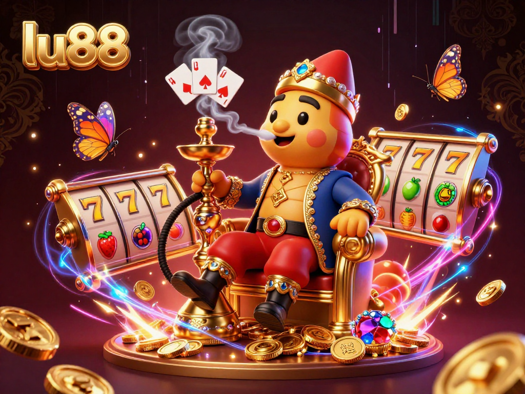 Experience thrilling slots with lu88's captivating 3D illustration showcasing vibrant casino elements.